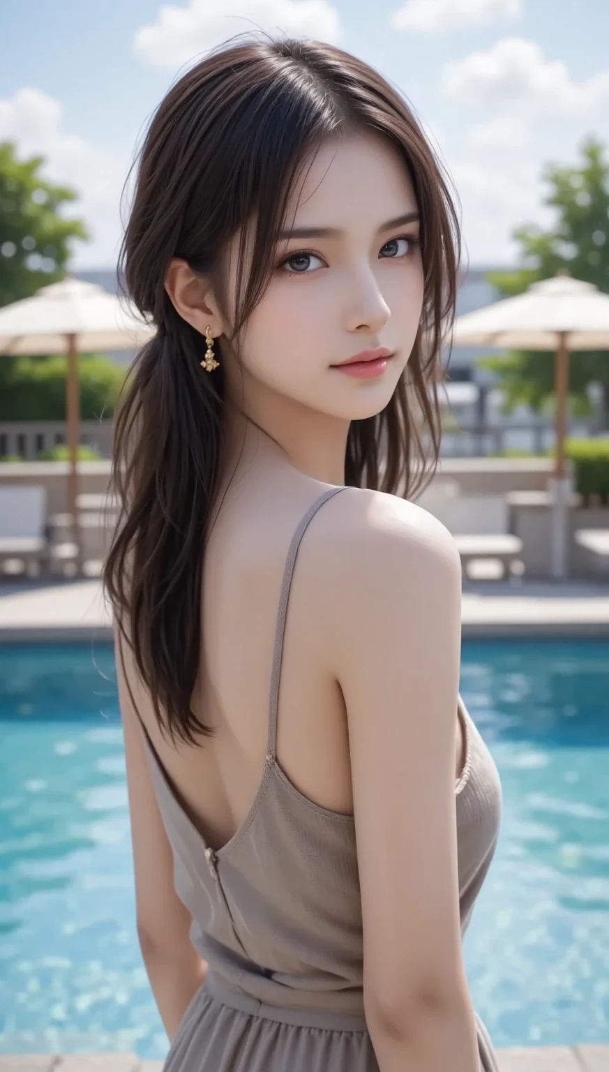 (highest quality, 8k, Tabletop, Ultra HD: 1.3), One Girl, Small breasts, Light brown hair, Blunt bangs, Hair behind the ear, Hair that falls over the shoulders, Long Hair,  Slim figure, Ultra Fine Face, Delicate lips, Beautiful eye, double eyelid, lipstick,Cleavage ,Light blush ,(green_eye:1.0) ,Perfect glowing skin,Perfect Skin,White skin,sweating,An inviting gaze, Ultra-thin needle, Very thin fingers, Swimwear、Pool.