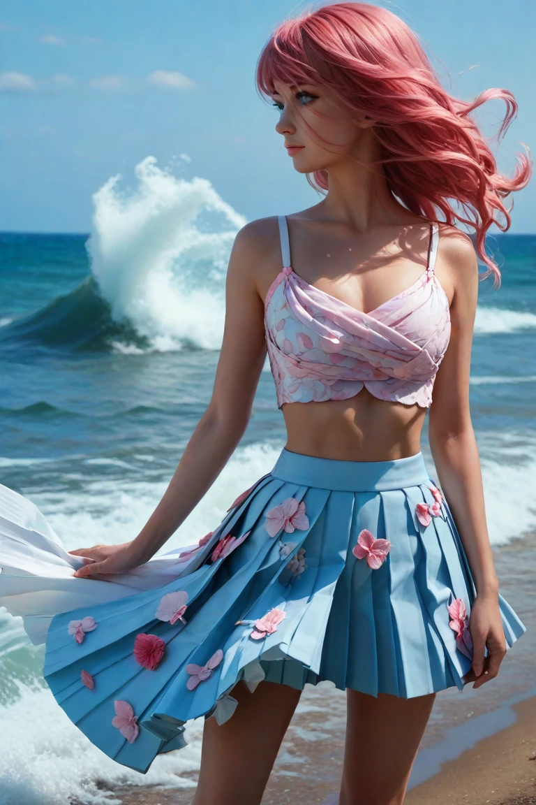 tmasterpiece,super high image quality,depth of fields,solo person,Live model,Realistis,1 girl standing by the sea with colored gradient hair,Full body photo,ultra - detailed,Delicate eyes and facial features,Perfect look,Realistic lighting effects,eventide,evening light,Sunny and energetic smile,White short sleeves open navel,Blue translucent skirt,Energetic posture