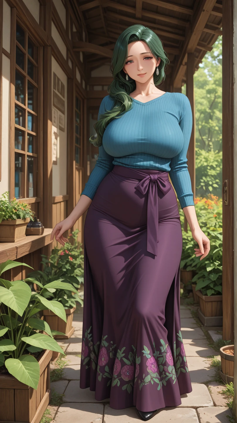 ((Best quality)), ((masterpiece)), (anime), a beautiful sexy woman walking in a long skirt, a blouse and platform high heels, blue eyes, green hair, smooth skin, cleavage, ((full body)), smile, shoulders exposed, anime, green eyes, maomao, Under street lights, ((Sunset Dusk)), (((park))), curvu body, ((woman)),
