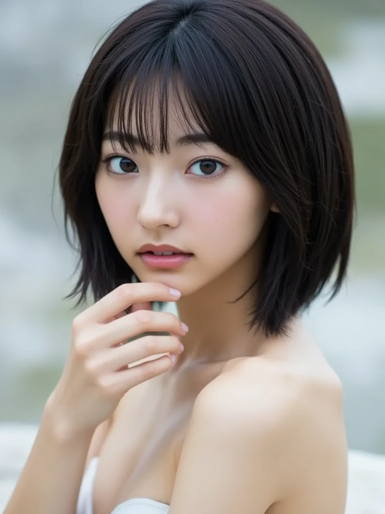 Masterpiece, Photogravure, High quality, High resolution, a photo captured the beautiful moment of a skinny Japanese woman, 24 years old, {long|short} hair, cute face, detailed face, detailed eyes, anatomically correct body