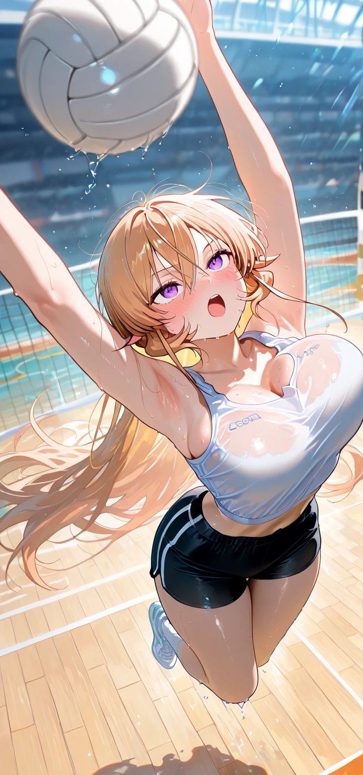 Nsfw,(highest quality,8K,32k,masterpiece),(High resolution),Super detailed,very beautiful face and eyes,1 girl,(close,highest quality,high detail,Rich skin details),(highest quality,8K,oil paint:1.2),Super detailed,tareme,
Blond hair,short hair,Complements a variety of shades of black,There is a delicate makeup,shining face,Exquisite,Brilliantred eyes,Feel like a sweet girl,gigantic breast,nipples,pussy,(spread legs),(sringshot swimsuit:1.3),(in stage:1.5),(full-face blush:1.5),(standing naked men,penis,handjob:1.5) ,(people, crowd: 1.3)