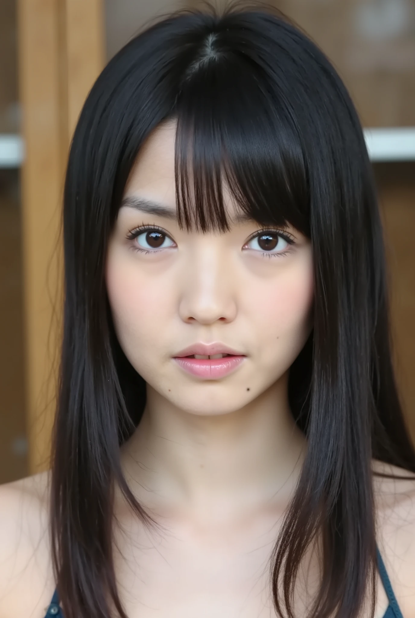 news studio,Highest Quality,Japanese woman, The full body of a news scaster, detailed eyes, black hair, sexy lingerie