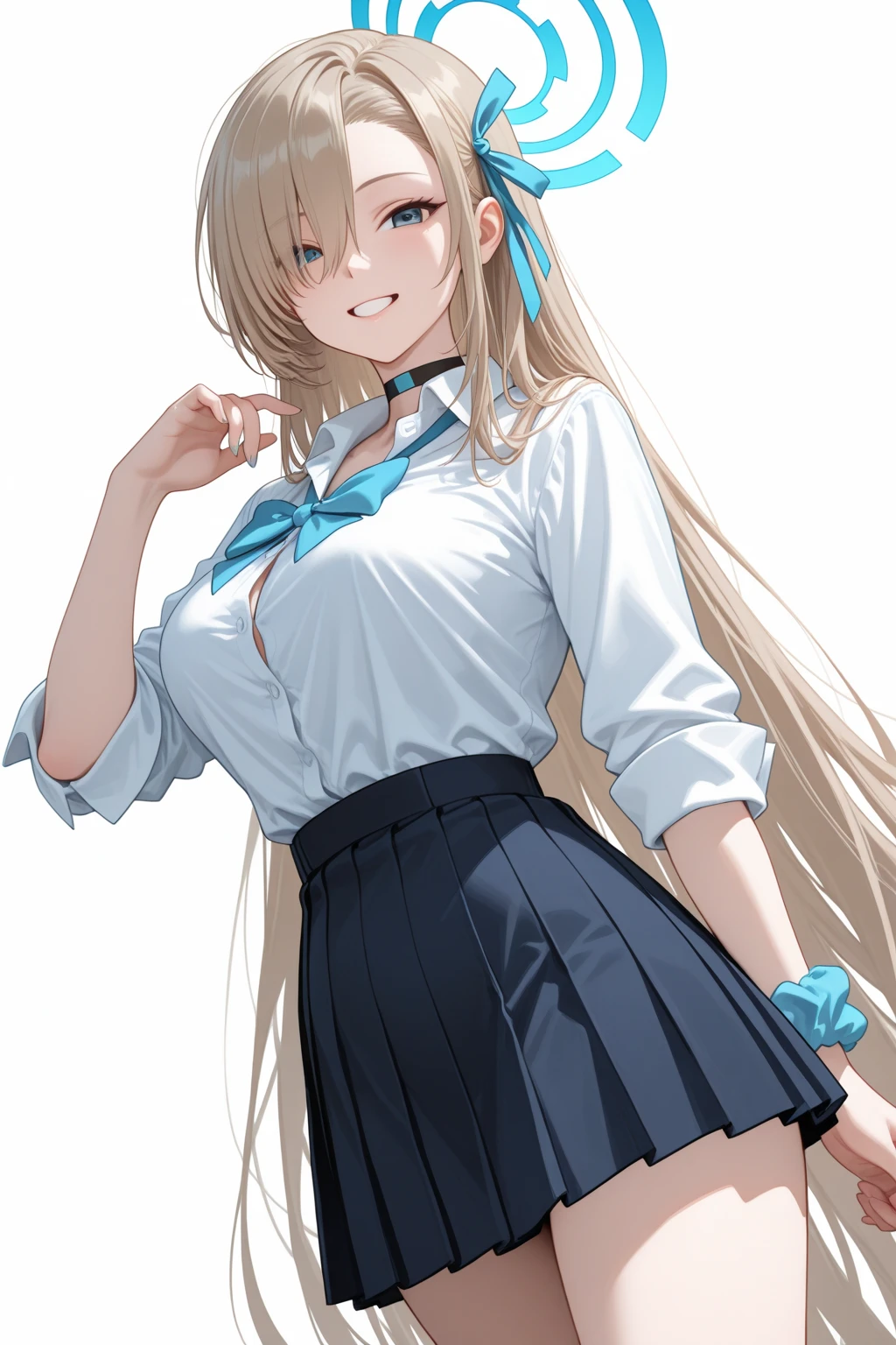 Ichinose Asuna, ((white background)), Gal, Pleated skirt, ((White Shirt:1.3)), Wearing a wet white shirt, Thigh, Angry face, blush:1.3, Angry face, heavy breathing,