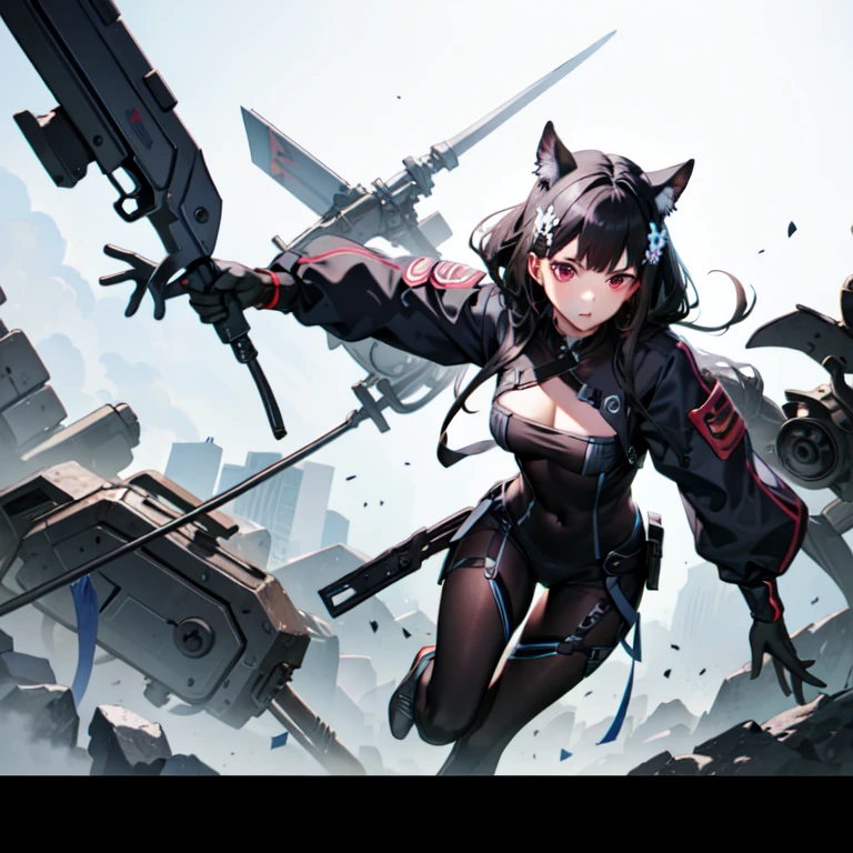 top-quality、Top image quality、masterpiece、Mecha Girl((18year old、Black and gray mechanical parts、Robot joints,Black tights,Bust 100、A dark-haired、Staring at the viewer、Breasts wide open,Large valleys、、Blue Eye、Dye cheeks、fighting poses))hiquality、depth of fields、Background with((World of the Apocalypse、Black sky))、Depth((planet earth)), 70% nude , nsfw
