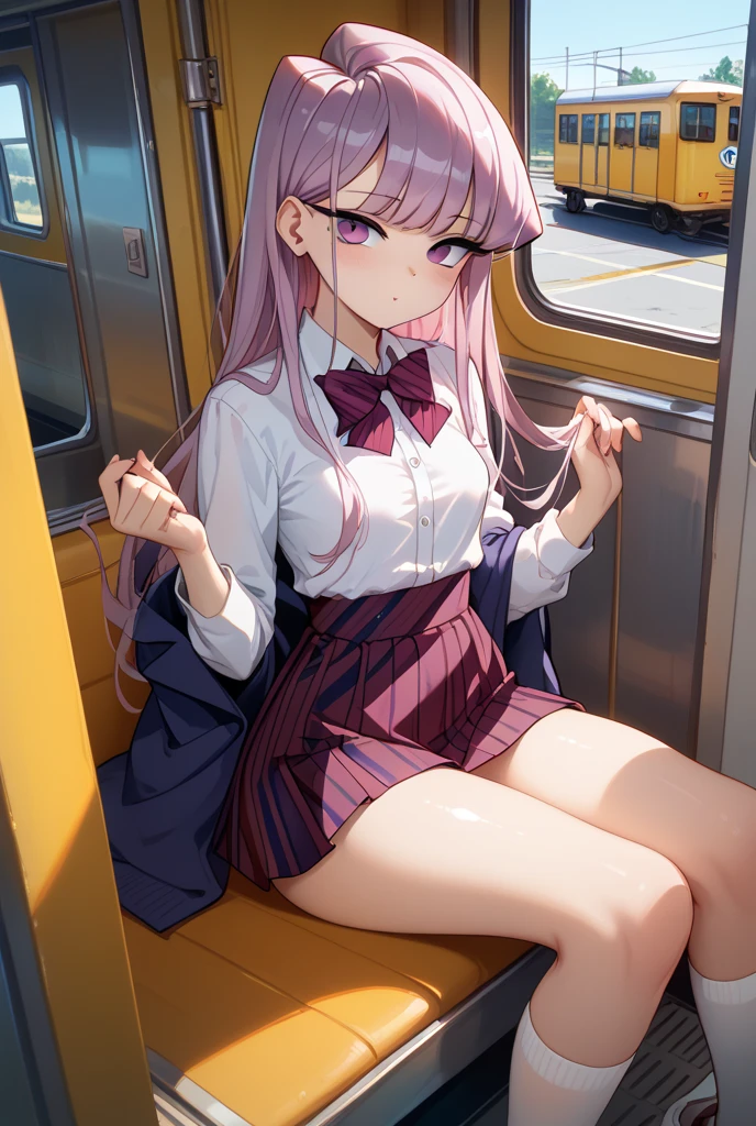 Double Peace Sign,Pink Panties,Big breasts with legs spread,High Resolution 1girl Ahoge Bobby_pin bow bowtie braid brOwn_目s collared_shirt dojikko_Temporarily stop_shirt frilled_shirt_Color Free Joint_skirt frills hair_bow hair_ornament hairpin hand_in addition_Own_head, heart, heart_hair_Decorative hood_jacket jacket lin additiong_Pentagon Pink_hair plaid plaid_Ribbon Check_Pleated skirt_skirt shirt shoelaces shoes simple_background sitting skirt solo star_(symbol) twin_Braided Warisa White_Inside the train_Knee socks, whole body