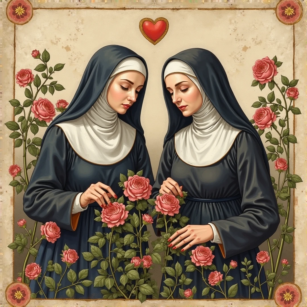 Write 5 detailed prompts (no more than 50 words) composed according to the rules - describing any topic, subject, action. Neural network: Santa Terezinha do menino Jesus e Santa rosa de lima juntas, ambas muito belas e castas com seus hábitos e sorrindo, com as mãos abertas deixando cair muitas rosas. Query topic: Santa Terezinha do Jesus e Santa rosa de lima juntas, ambas muito belas e castas com seus hábitos e sorrindo, com as mãos abertas deixando cair muitas rosas.
Santa Terezinha and Santa Rosa: Illustrate Santa Terezinha do Menino Jesus and Santa Rosa de Lima, both radiant and pure in their traditional habits, smiling joyfully. Their hands are open, releasing a cascade of vibrant roses, symbolizing grace and devotion.
Divine Harmony: Depict Santa Terezinha and Santa Rosa standing side by side, adorned in their beautiful religious garments. They share a serene smile, and as they extend their hands, a shower of delicate roses falls around them, representing love and purity.
Celestial Connection: Create a scene showing Santa Terezinha and Santa Rosa, exuding beauty and chastity. Their warm smiles light up the surroundings as they let roses gently fall from their hands, conveying a message of hope and compassion.
Joyful Saints: Visualize Santa Terezinha do Jesus and Santa Rosa de Lima, both stunning in their habits. They are smiling brightly with hands raised, letting a multitude of roses descend, symbolizing their shared virtues and divine grace.
Roses of Faith: Illustrate the serene moment of Santa Terezinha and Santa Rosa, both ethereal and virtuous in their attire. Their joyful expressions are complemented by an enchanting shower of roses cascading from their open palms, embodying the essence of faith and love.