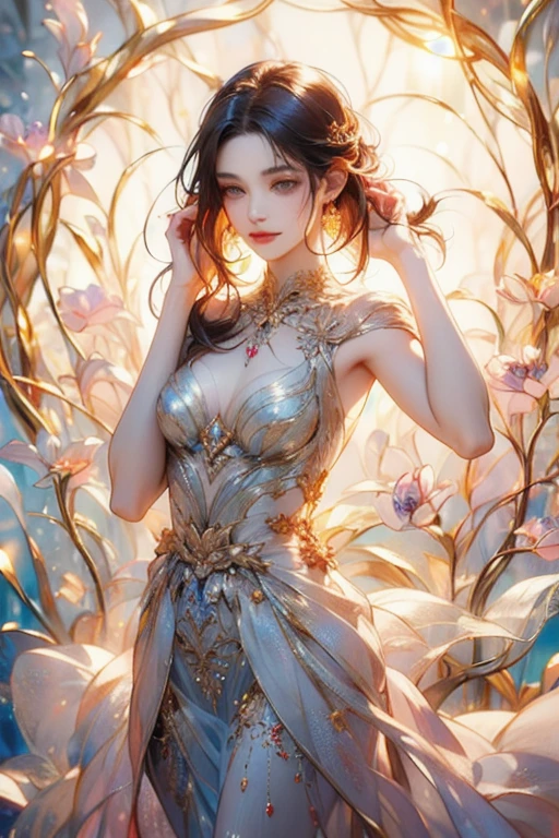((highest quality)),(ultra high resolution),(Super detailed),(detailed description),((best CG)),(best work of art),super precision art,great drawing art,(Art with precise details:1.5), (1 woman:1.5),colorful corset dress:1.6,beautiful and well-shaped face:1.5,natural makeup:1.5,detailed jewelry:1.4,thin waist:1.3,Beautiful leg lines:1.4,high heels:1.4,