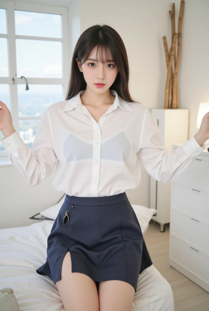 nsfw, (masterpiece), (realistic), (Highly detailed 8k), strong photo studio lighting, in the night, sitting on the bed, total body, a 20 years old gravure girl, light brown hair, brown eyes, slender, slender arms, big breasts, BREAK (white and gray theme:1.3), (wearing a white collared-shirt:1.4), BREAK (tight dark navy pencil skirt:1.5), (sheer dark navy pantyhose:1.3), opened legs, no bra, no pan, pubic hair, pointy breasts, erected nipples, (sow off pussy),