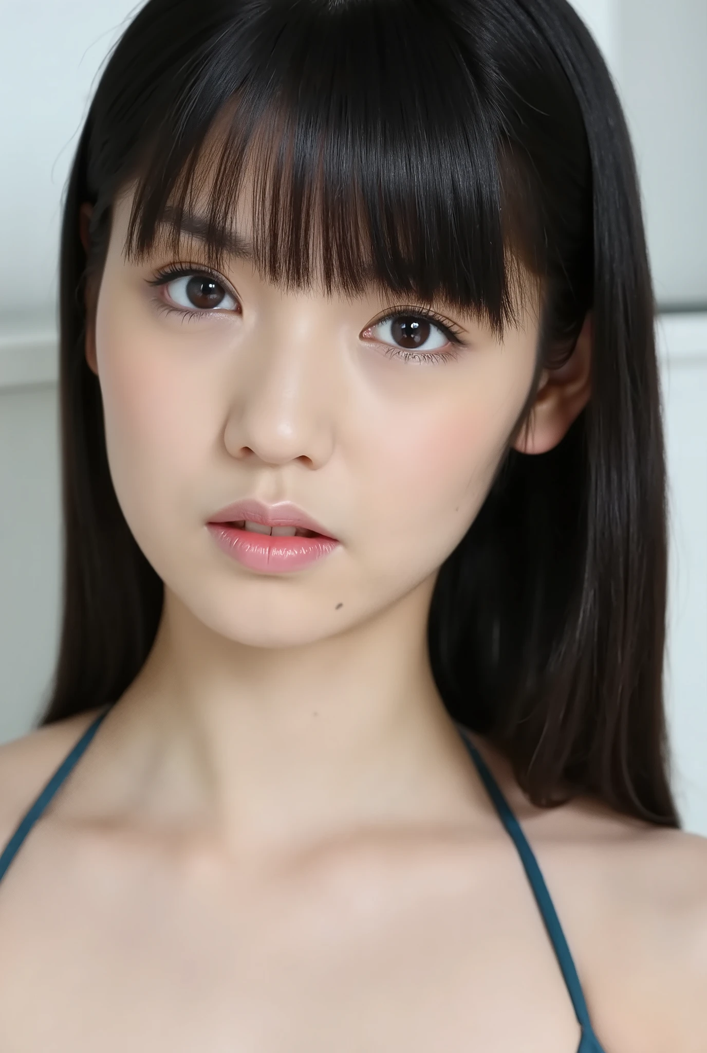 news studio,Highest Quality,Japanese woman, The full body of a news scaster, detailed eyes, black hair, sexy lingerie