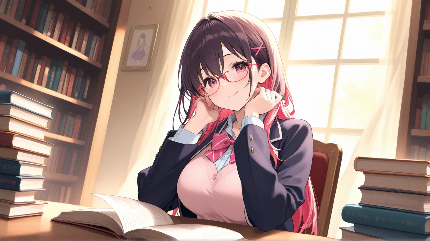 ((masterpiece)), ((highest quality)), (super detailed), (cute), figure, anime style, (beautiful eyes), Profile of the most beautiful girl in the class, Upper body, in the middle, Upper body focus, 1 girl, cute女の子, classroom, Blazer Uniform, sitting, beautiful straight long hair, dark blown hair, Glasses, slim, thin, Medium chest, blush, looks happy, smile.