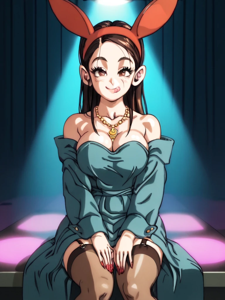NSFW, masterpiece, (best quality: 1.2), long hair, blue eyes, green hair, , evil_smile, sexy, ((redpstick, fishnet stocking)),, ((micro bikini, cow, gray bell)), ((handjob: 1.5)