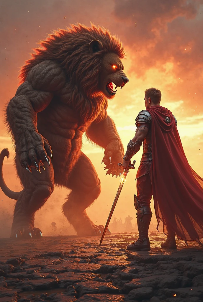 A half man half lion God is standing and roaring in a battle field inside a royal palace and a king is standing against him with a sword 