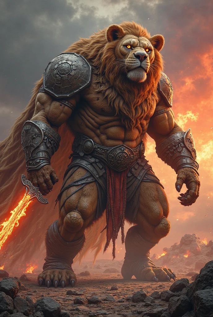 A man like lion fighting in fantasy world against aliens