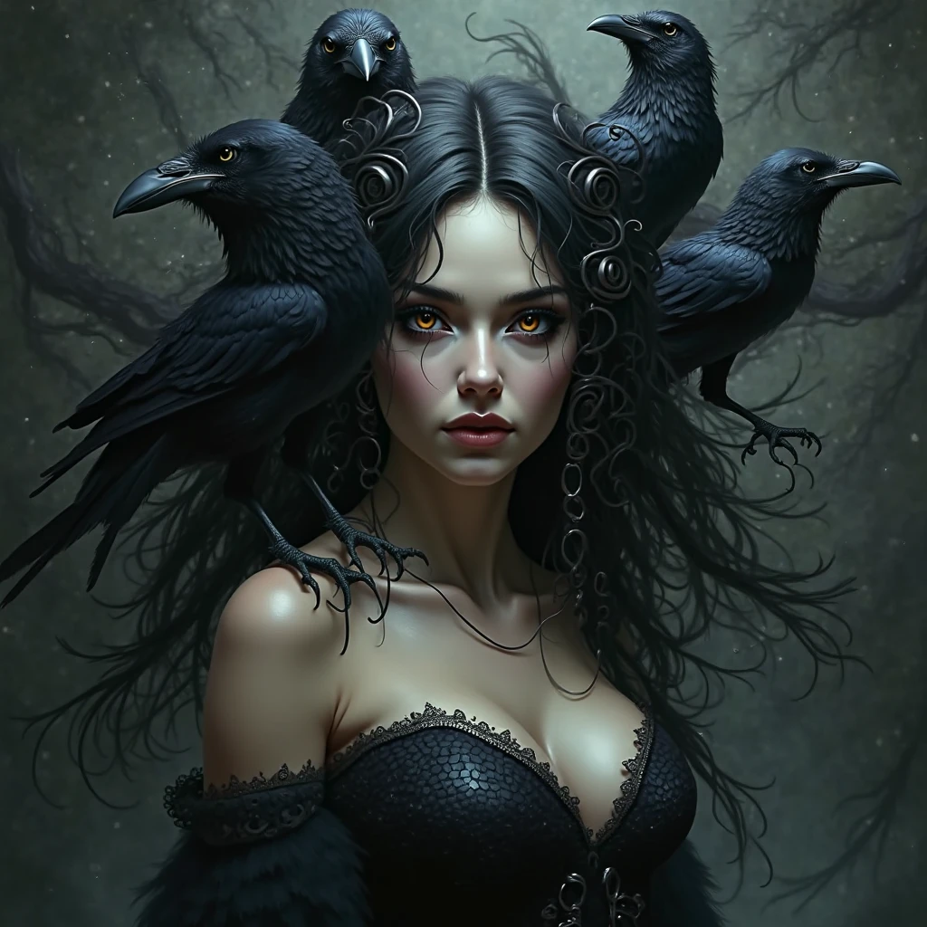 draw for me a portrait of a very beautiful woman with long black hair and dark eyes. the woman wears a long black dress. The dress is medieval in style, with long sleeves and a draped neckline. clothing is fully enclosed. around him are 5 black crows and 5 moon owls. It is as if she rules over them