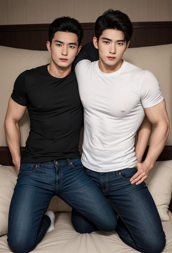 A handsome Thai male wearing red underwear is sitting on the lap of another teenring black underwear., long distance, fullbody image fking_cinema_v2