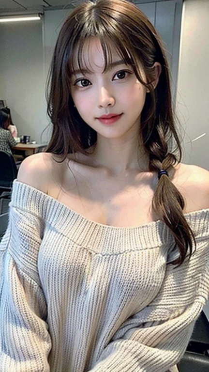 (high-school sweater:1.4), (innocent and classy girl:1.3), (Double ponytail hairstyle,cabelos preto e longos), Very detailed face and skin texture, Detailed black eyes, 二重まぶた, Pale cheeks, Glossy glossy skin, Moist eyes:1.2, Shiny little neckless and earrings, Glossy lips:1.4, White skin of the:1.2, (from above distance: 1.3)), (sweetsmile:1.2), (looking at viewert), (tiny mouth:1.2),(Walking by the beach:1.2),sunglasses on head,Full body photo,