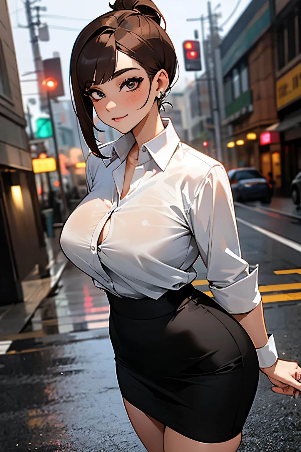 Women, 25 years old, short ponytail hair, brunette coloured hair, sharp nose brown coloured eyes, big sized breasts, thick sized body, curvy body, white formal shirt, unbuttoned shirt,  out, pencil skirt, tattoos, heels, ear rings, seductive post, striptease, horny face, beauty face, innocent looking, full body, on the street, wet in rain, 