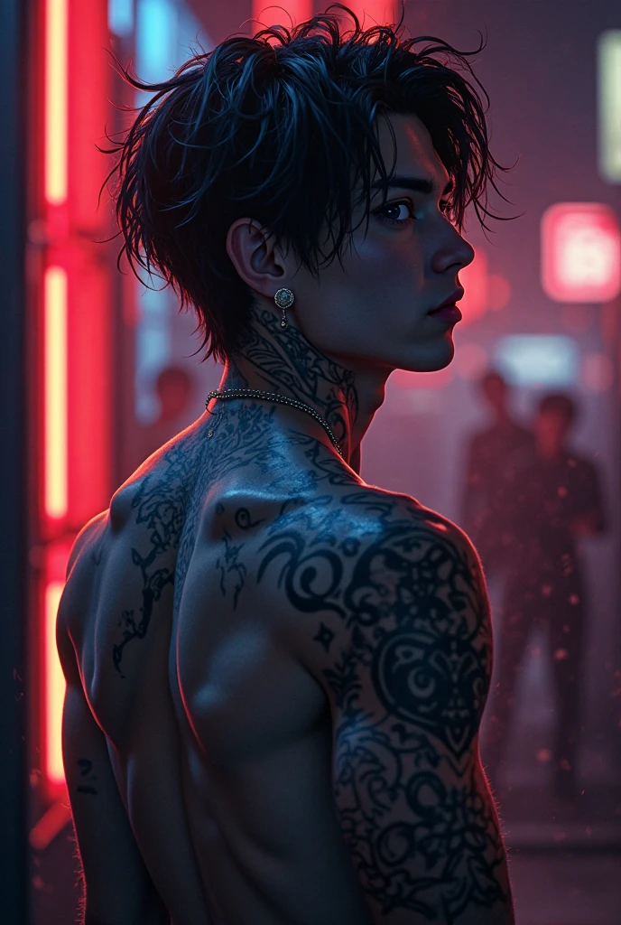 illustration of a man with black hair and brown eyes who has tattoos on his arms and has a lipstick kiss mark on his neck