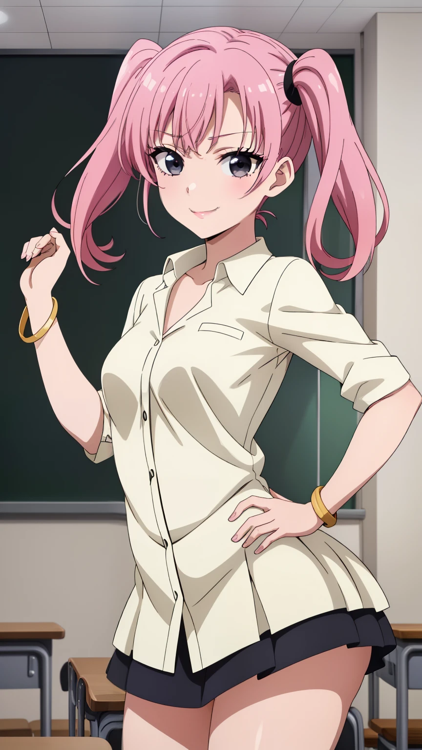(Top Quality, Masterpiece, 8k),(Anime Coloring:1.3),Highly Detailed,Very Detailed,Perfect Face,Beautiful Eyes,Perfect Eyes,Detailed Eyes,Detailed Face,Super Detailed,Detailed Eyes,Symmetrical Eyes,Sharp Details,One Girl,Solo,Healthy Skin,(Mature Face:0.9),(medium Hair, Bangs),(Twintails:1.2),(Pink Hair:1.3),(Black Eyes),(False Eyelashes:1.2),(((Small Breast))),(Short Height:1.4),18 Years Old, Healthy Skin, Slim, Slim body, nffsw, smile, (Gyaru Makeup,False Eyelashes,Bracelets:1.1),(nffsw,High School Student,White Shirt,Dress Shirt,Mini Skirt,Thighs,Clavicular,Classroom),(Cowboy Shot),(Dynamic Pose),Looking at the Viewer,Center of Image