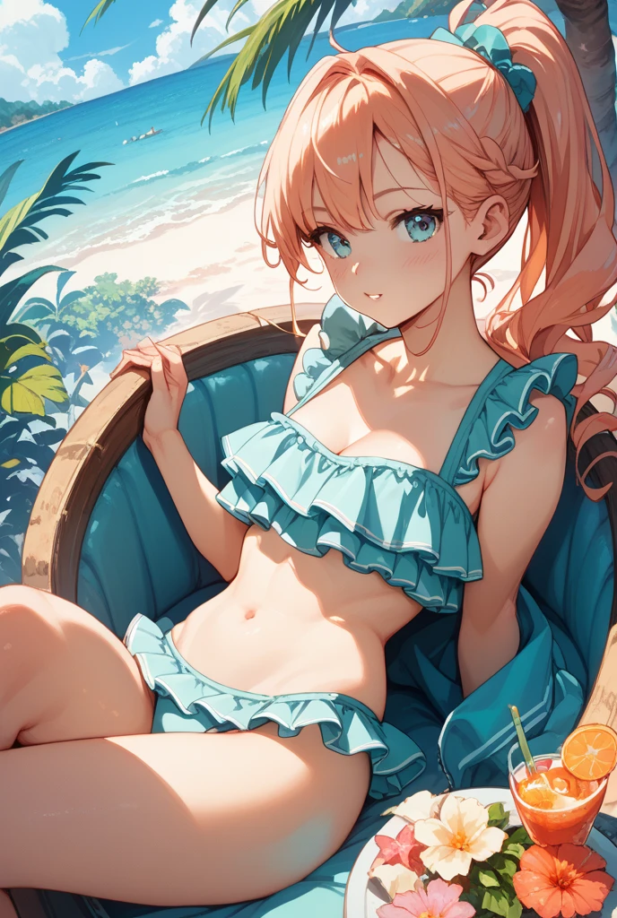 masterpiece, Highest quality, wallpaper,  One girl, alone,Swimwear, socks, Both sides up, summer、Seaside