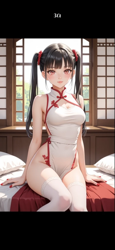 {{masterpiece}},extremely detailed 8k CG, gentian impact, Hu Tao, long brown hair, red eyes, twin tails, small breasts, hat, Chinese clothing, white socks, looking at viewer, full body