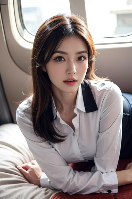 (1 girl:1.3), alone, __body parts__ delicate and realistic skin, white skin, big, official art, unified 16k wallpaper, ultra detail, beauty and aesthetics, beauty, masterpiece, highest quality, in cyberpunk city, great atmosphere, calm color palette, peaceful mood, soft shadow, flight attendant uniform, Glamour、Naughty face、