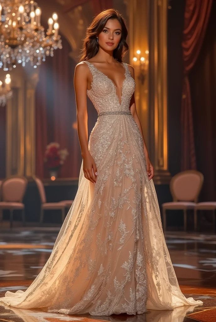 Miss universe, silver long kebaya brookat dress, at miss universe stage, wear crown, elegant, beautiful, 38 C huge boobs, slim, don't smile. Sharp eyes, cool.