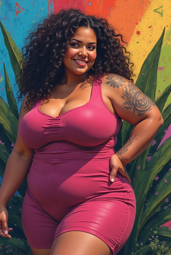 40 years old Woman in jungle, curvy , wearing jumpsuit pajamas, beautiful woman, very detail ,pawg, long legs ,thick high, full body in camera, from front, wearing strap wedges, wide hips