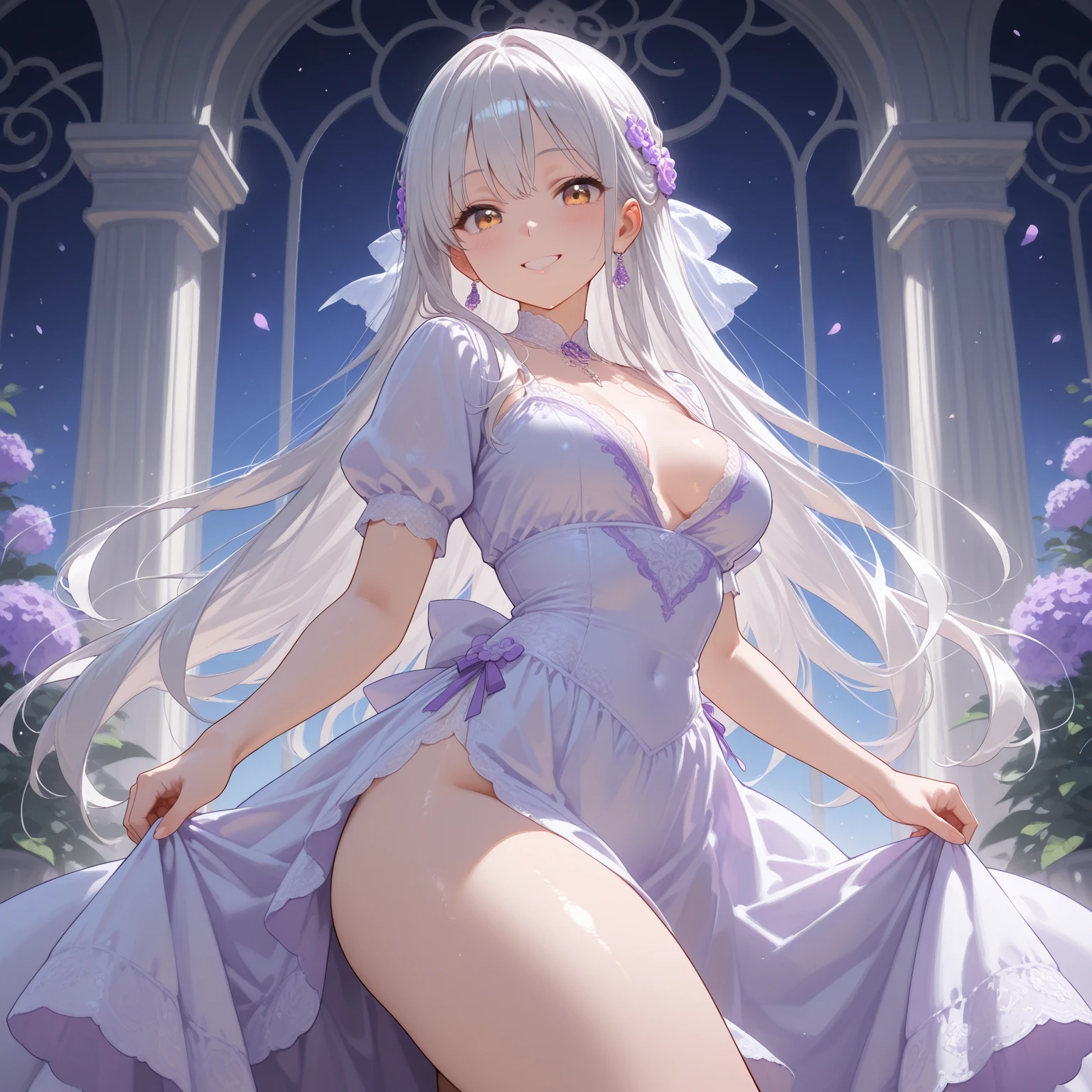 ((top quality)),(ultra high resolution),(Super detailed),(detailed description),((the most picturesque works of art),super precision art,amazing art of depiction,fantasy art:1.5, ((綺麗なflower々:1.3)), (glamorous body:1.5),fancy background effects、masterpiece、fancy details、(NSFW 1.1), ((1 female)), ((muste piece)), ((extremely detailed:1.3)), ((Beautiful woman entering the lake in crystal clear water)), ((beautiful long hair)), wet hair, wearing a transparent dress, Bathing clothed, (水に浮かぶバラのflowerびら:1.5), (early morning light), ivory gold AI, temple, crepuscular lighting, (very huge boobs)、pink nipples、pink areola,Transparent pink areola、((Transparent pure white wedding dress that shows your skin、Detailed design))、Arranged,intimate, rose garden、colorful roses、lake with floating roses、wet body、(頭にflowerの装飾)、大きなflowerいっぱい、solo, water play, flowerいっぱいの髪飾り, flower々, sky porn,Pure white dress that becomes transparent when wet, shines wet with water、(muste piece),(Highly detailed CG Unity 8K wallpaper),best quality,cinematic lighting,detailed background,beautiful detailed eyes,bright pupils, (very delicate and beautiful),(Beautiful and detailed eyes),((muste piece)),(Purple eyes)