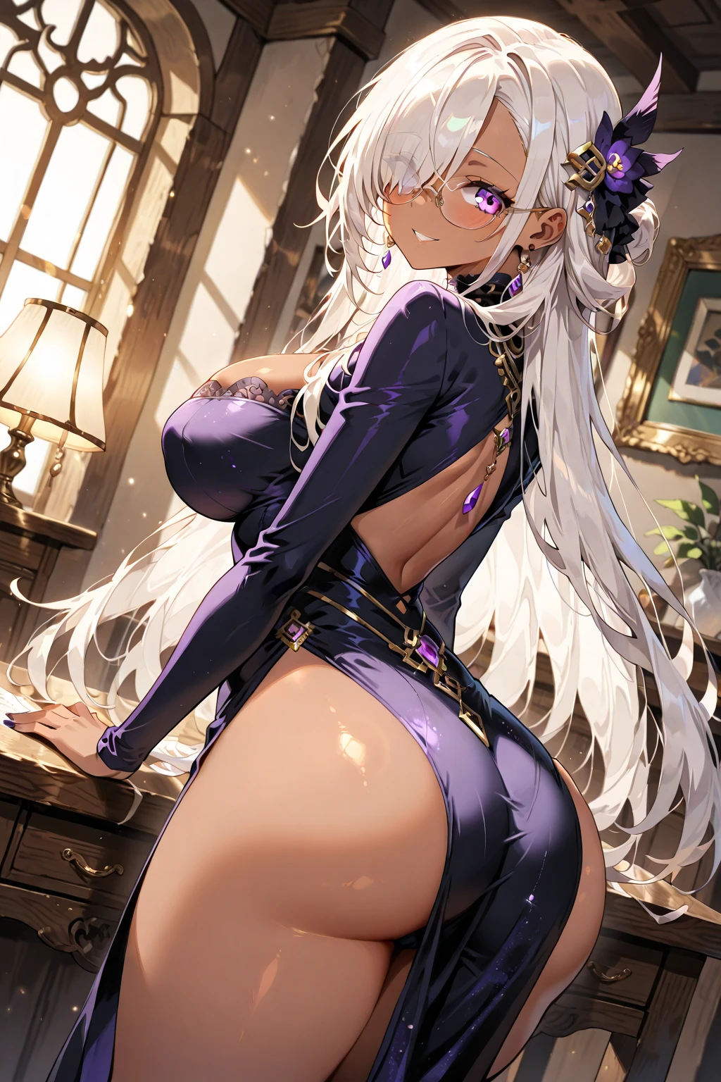 work of art, stunningly lifelike, photorrealistic, 12K-UHD, best qualityer, sharpening, sharpy face, 1 girl,Noelle Silva,big fit ,silver hair,purples eyes,Holding waist POV cowgirl position,vagex ,realic penis,big fi penis,Penis iagin in pu