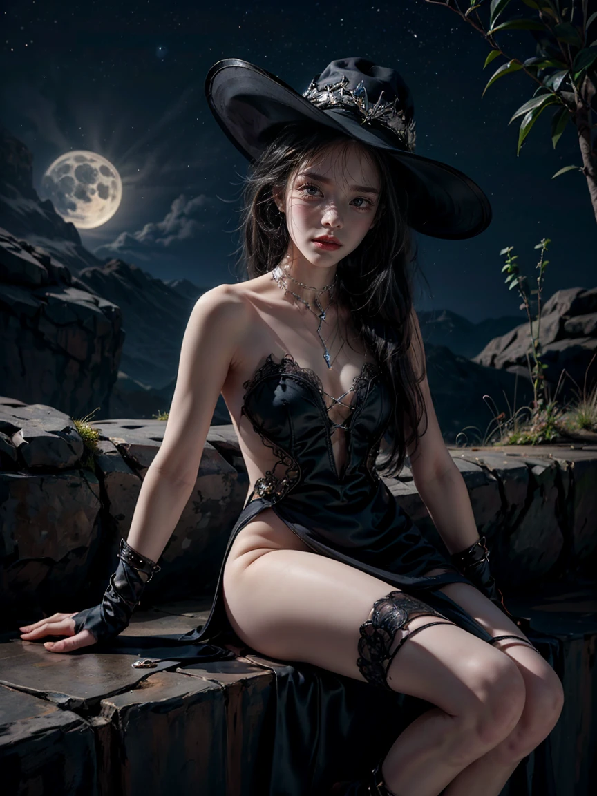 (highest quality, masterpiece, 超A high resolution), perfect dynamic composition, professional camera work:1.4, Highly detailed skin and facial textures:1.3, Cultivate the effect of light, Super detailed, Half-naked and exposed breasts, ((night view, moonlight at night)), model body shape、topless、expose one's chest、I can see your nipples、 nipples are erect、cocked ass、pretty face, (fascinating look:0.8, A taste of beautiful eroticism:0.7),sexy pose、 necklace、beautiful thighs、looking at the viewer、Eyes that invite the viewer、open your legs、gloves, witch hat, hat 花, Thighhighs, Rose, purple capelet, whole body,model body shape、 (detailed face:1,5), (fine eyes:1.5),pubic hair