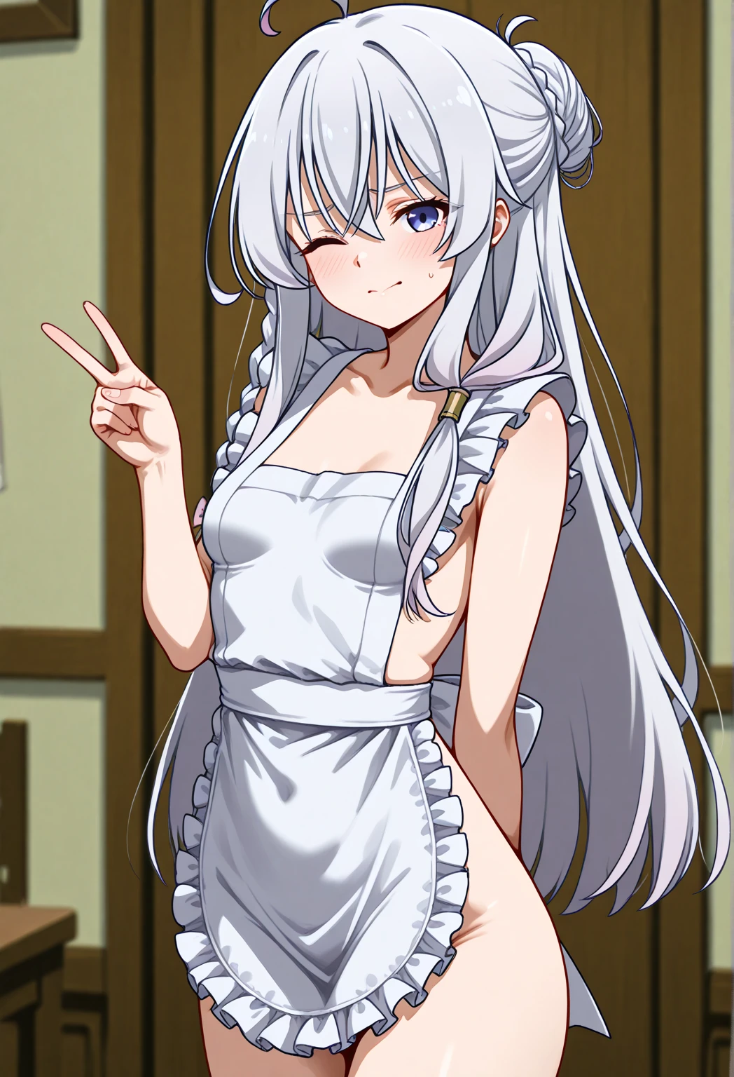 ((masterpiece)), (best quality), (ultra-detailed), photorealistic, (best illustration), ((an extremely delicate and beautiful)), 1girl, solo, long hair, tiger ears, [:tiger tail under:0.2], white hair, two-tone hair, no clothes, nude, (tail covering pussy:1), naked, cross-laced, standing, closed eyes, smile, big breasts, after bath, detailed scenery, in bathroom, low twin braids, twin braids, hair ornament, bracelet, (covering chest:0.9), blush, embarrased, angry. 