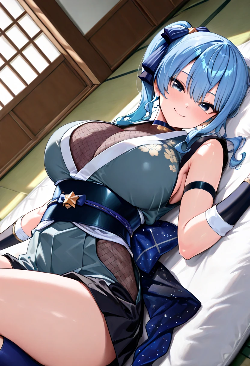 1girl in, 独奏,high-level image quality , light blue short hair,,tits out, large full breasts, kimono,Underpants,Lying in bed,full of sweat