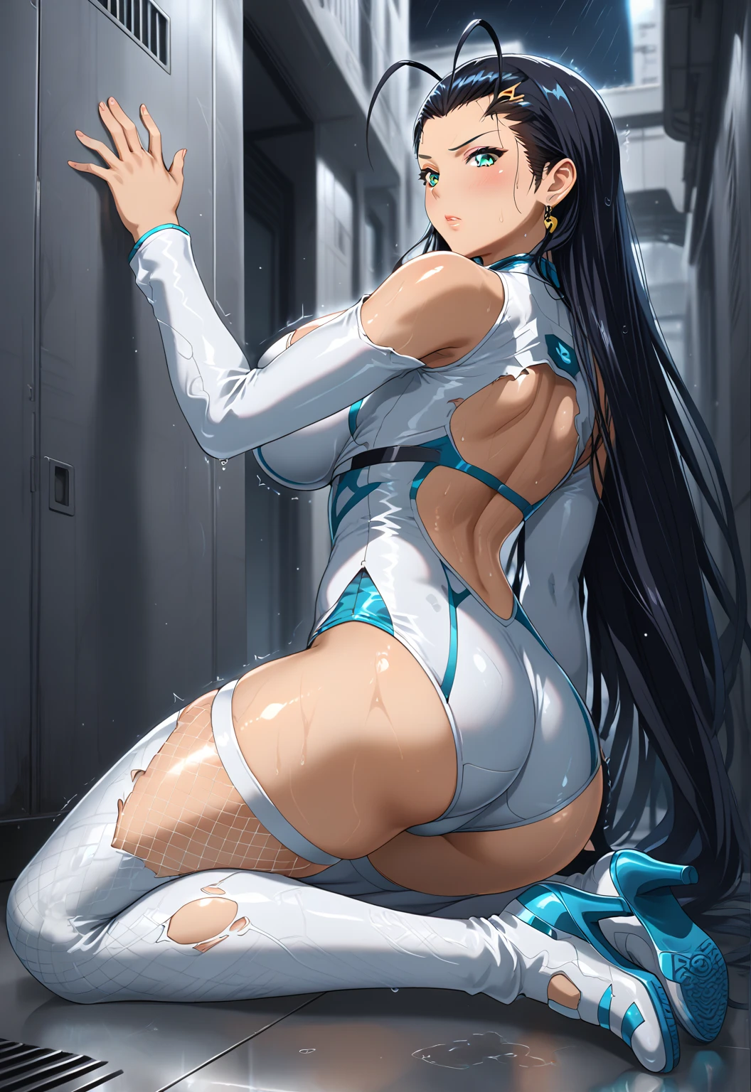 masterpiece, Highest quality, High resolution, One girl, alone, Long Hair、Brown Hair, Brown eyes,shower room、((Exorcist Ninja))、(Snow Wind)、(White competitive swimsuit)、(Black Pantyhose)、Kneeling