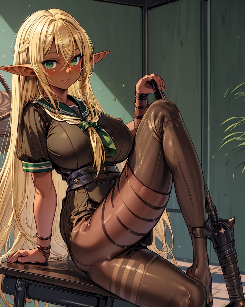 (masterpiece, best quality) detailed, Black pantyhose， silver accessories , The zipper is not closed , Blonde ,elegant,  Pointed ears ，