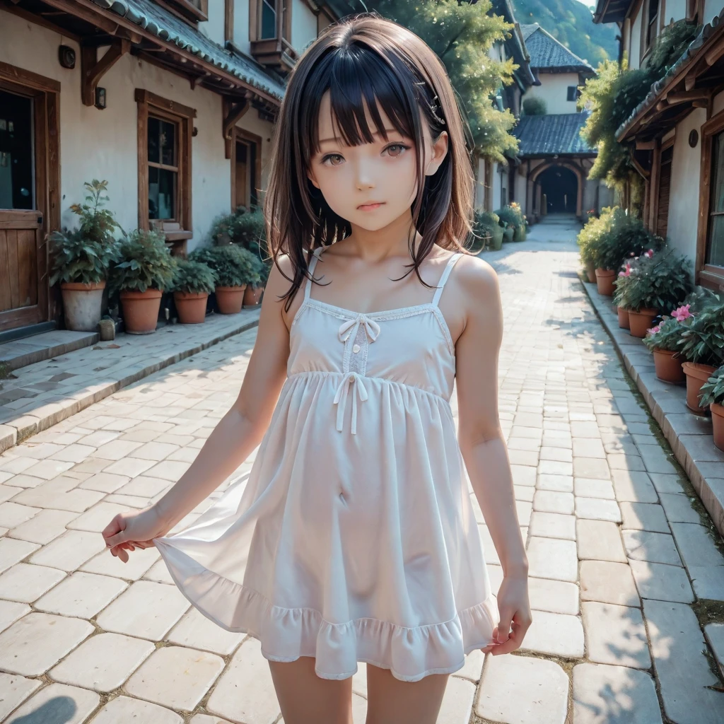 ((top-quality)) ((masuter piece))、intricate-detail、foco nítido、proffesional、Photorealsitic、Real life、surrealistic、photorealisim、Silhouette Light、finely detail、Highly detailed CG Unity 8K wallpapers、erfect artwork、shinny hair、radiant eyes、shinny skin、realisitic、Looking at the camera、Very delicate and cute、best qualtiy、Cute detailed girl、cute large eyes、Facial Lights、Cinematic lighting、Transparent material、realistic representation of face、(intricate detailes)、no-makeup、(Detailed beautiful delicate face、Detailed and beautiful delicate eyes and face)Detailed skin、Best ratio of four fingers and one thumb、Thin fashion、独奏、(Very young)、Facial Highlights、luxury room、Professional Writing、((Knee shot:1.4))、Beautiful navel、1人、Very young face、innocent-looking face、(Looks under 10 tanding facing the front、Rat trail section、Inseam delta、Bare shoulders and elbows and arms、Chest flat、((flat-chest: 1.4))、女の子1人、Back lighg、Many flowers、((non-blur))、((subminiature)) 、((Super skinny girl))、((Ultra-small ass:1.4))、((very thin thighs))、(Super young Japan transcendent beautiful girl)、small nostrils、Healthy face、Soft lips、pale cherry colored lips、(rather thin eyebrows: 1.4)、shiny large black eyes、(Medium black hair,:1.1)、(Beautiful girl with cute loli face:1.6)、big、(The corners of the mouth rise:1.4)、((Raise your hands to expose your beautiful armpits))、(1 thin and tight white camisole)、Very short spats of bright colors、lowrise、((1 thin and fairly tight spats:1.4))、Plump round face、(smile shy:1.8)、cheeks are reddened、Eyes for hollow details、Floating hair、large eyes that are symmetrical、Small protrusions、hair clips、No face makeup、夏天、The room is hot, So wear the bare minimum