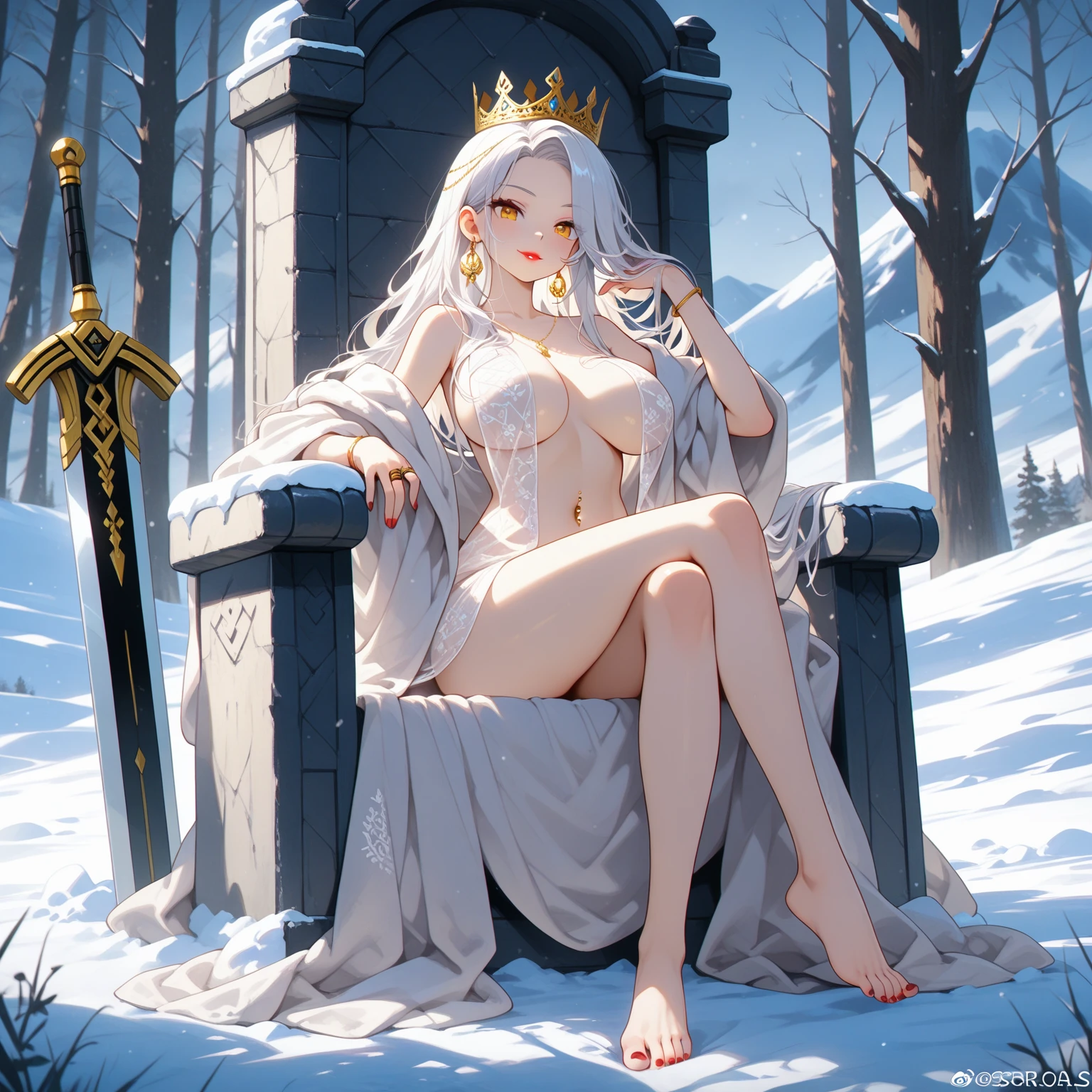 detailed face, detailed eyes, detailed hands, elf woman, full body,,tmasterpiece，best qualityer，super detailing，The lighting effect of the movie version，illumination，flashing，1girll,The snow Queen sits on the a chair made of ice，beautiful face, eyes with red light，long  white hair，Indifferent expression，No shoes，Feet of detail，Overlookingsexy pose、Finger Heart sexy pose,elf woman
