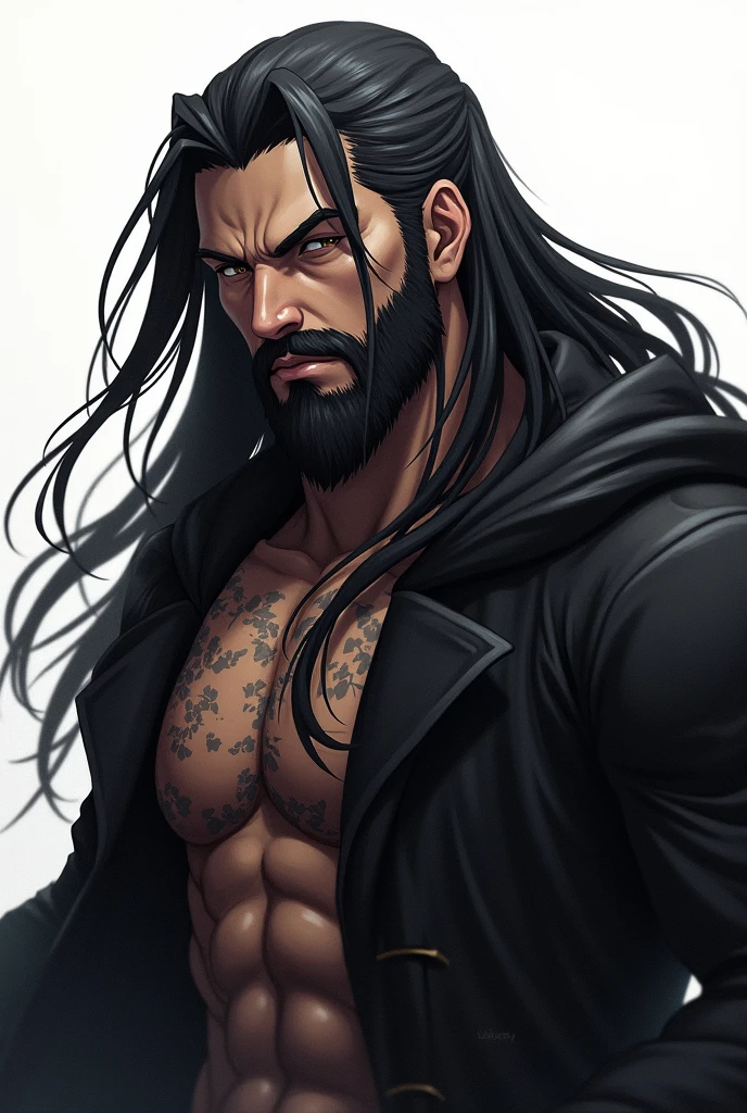 Man with handlebar mustache, black suit, long hair, comic book style. --auto --s2