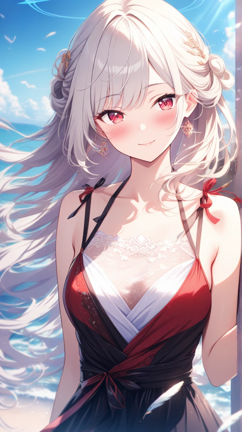 masterpiece、top-quality、1girl in。 white hair,Red eyes,(Mare:0.8), (evening glow:0.7),(middlebreast:1.4), (a smile:0.8)