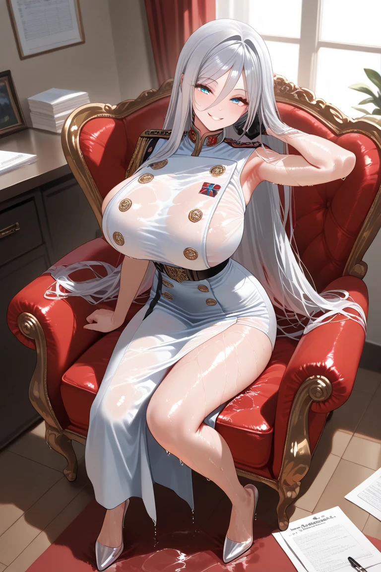 White hair，Red eyes，Barefoot，Lori huge breasts cleavage