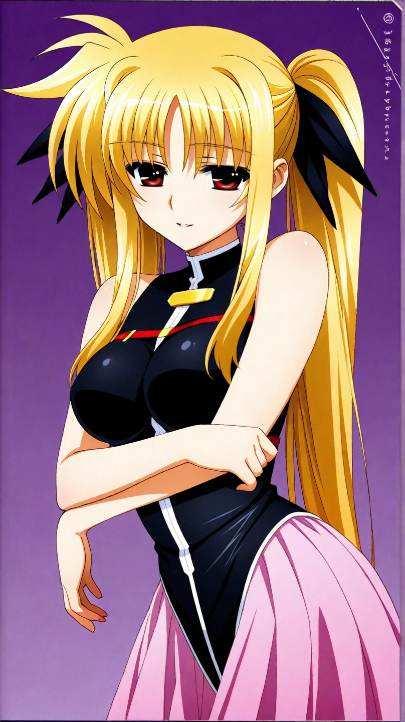 Fate T. Harlaown,Magical girl lyrical Nanoha,blonde hair,long hair,twin tails,red eyes,(((huge Perky breasts))),(thigh), butt,true sonic form,(black tights,black leotard,sleeveless,high leg leotard),(( long pelvic curtain)),Black long knee socks,Smile,