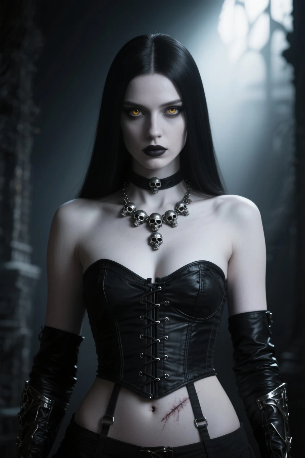 There is a woman in a black bra and a black belt., garters, garters, borderes and garters, gothic harts, wearing gothic accessories, Wearing skin with spikes, goth aesthetic, Necklace, Spiked bracelets, gothic aesthetic, thorns on the body, border, wrapped in leather belts, belts, goth, goth girl aesthetic, Gothic hearts