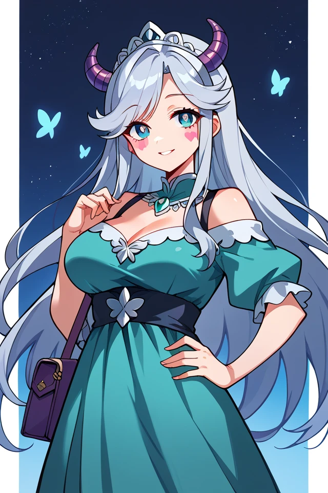 score_10_up, score_9_up, score_8_up, score_7_up,(((throw))) source_anime, HzA girl, Alone , (perfect female body), (beautiful eyes and face), (upper body), ( Starry Butterfly), blond hair, facial brand, silver hair , headdress with horns, blue eyes, Very long hair, smile, teal dress, shoulder bag , , striped stockings, looking at the spectator, hand on hip, gunman, big breasts, neckline, sexy, blush, dress, seductive smile, presumed,