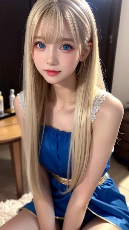 Gorgeous and delicate glowing bear hair ornament，Fine engraving，Shine brightly，The attention to detail，The jewelry is of high quality，Extremely high image quality，Heterochromia，校服。a sailor suit，Transparent white cloud pattern，Delicate depiction of bronzed skin，Long blue and white hair，Many hairs，detailed hairs，Seductive expressions，Red faces are depicted in detail，lies on the ground，HD full-body close-up，16K high-resolution photos