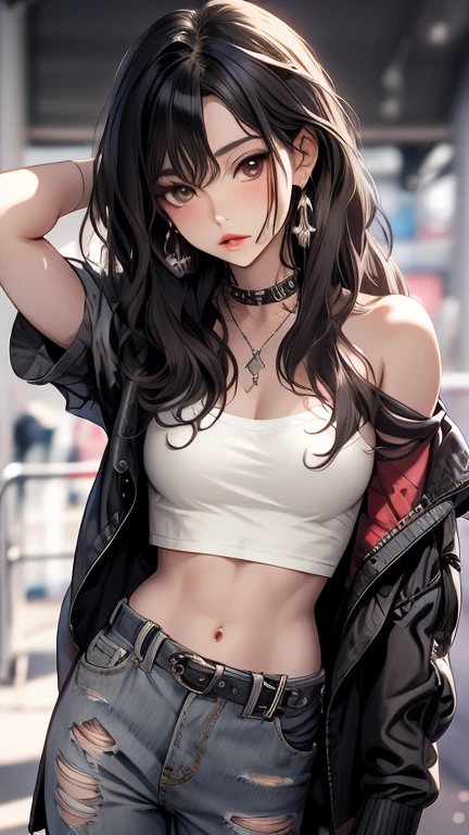 masterpiece, highest quality, pixiv, cool girl, the strongest pirate girl, topless, lips in love, dark brown hair, curly hair, dull bangs, straight bangs, gray eyes, white skin, gal, Improve