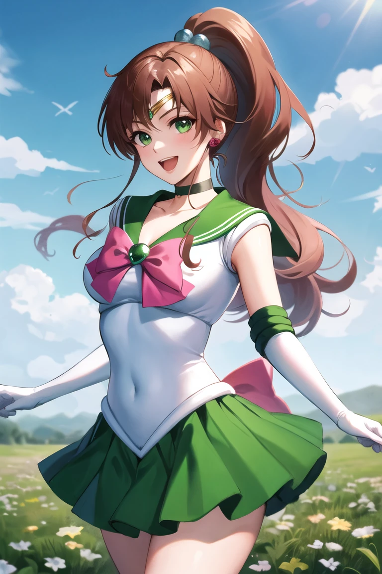 Masterpiece, Best Quality, High Resolution, 1girl, Solo, Sailor Jupiter, Sailor Jupiter Uniform, Wind Blowing, ((Single Ponytail)), Elbow Gloves, Headdress, Green Pleated Skirt, Pink Bow, (Green Sailor Collar), Brown Hair, White Glove, Jewelry, Earrings, Smile, Background Meadow, Blue Sky and White Clouds, Sea, Front, Full Body, Waves, Thin Legs, Sailor Sensi Uniform,
