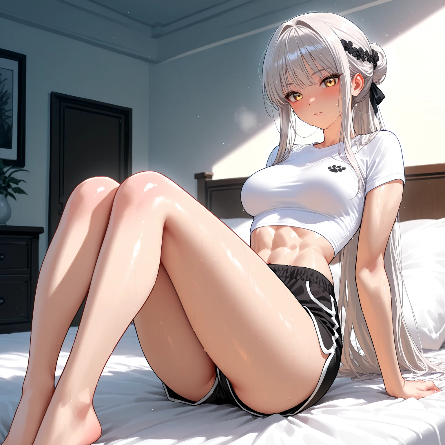 The girl sits on the bed, open legs, white panties, and hold your head in your hands