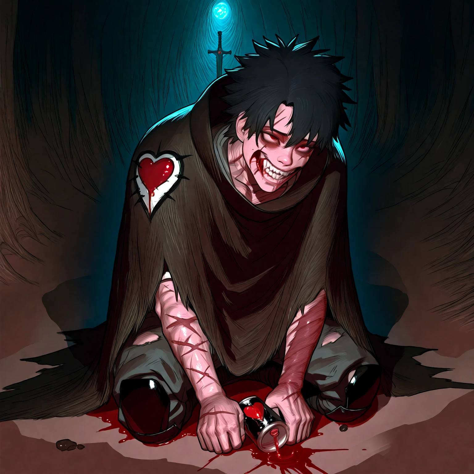 1boy, solo, boy, forest, night, light tanned skin, bandage head, bandage mask, kneeling, blood on clothes, bleeding, black clothes