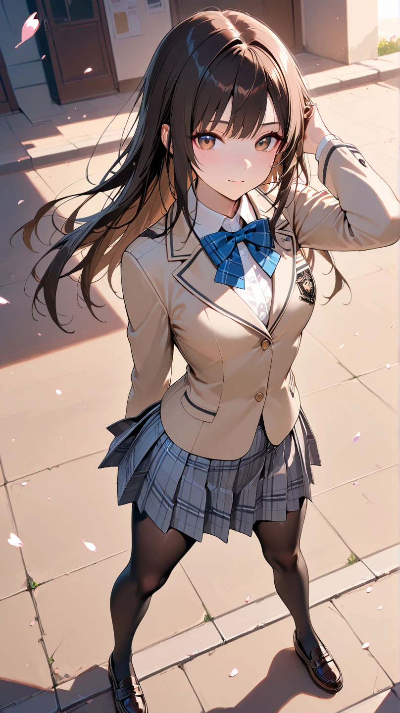 ((Tabletop, Highest quality, High resolution, , Pixel Perfect, 4K,))), 2 women, 、The whole body is visible、 ((Long Wavy Hair, bangs, Brown Hair)), ((Brown eyes, Beautiful eyelashes, Realistic eyes)), ((Detailed face, blush:1.2)), ((Smooth texture:0.75, Realistic texture:0.65, Realistic:1.1, Anime CG style)), Big Breasts, Dynamic Angle, Perfect body, (( , , Schoolgirl uniform、blazer、White shirt、Pleated skirt、 、Floral lace panties 、)), On the way up the stairs、Big staircase in the city、、、Very embarrassing panic smile, 、、The gesture of holding the skirt with your hand、Stick your butt out、look back、Leaning forward、、、、、、 、Angle from below)、