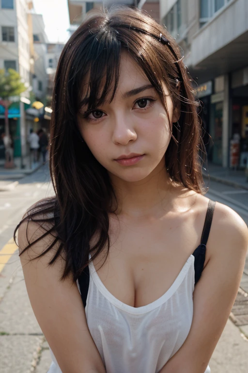 Upper bodygirl 1 person、The cleavage of her big breasts is emphasized、(beautiful girl、Slender girl:1.3)、(17 years old:1.3)、break、(Yarn clothes:1.3)、break、(Street view:1.3)、break、very definition、(symmetrical eyes: 1.3)、break、(((big breasts)))、brown eyes、parted bangs、brown hair、girl、break、(Eye and face details:1.0)、(face close up、face zoom、face focus:1.0)、break、 (masterpiece、highest quality、Super detailed、detailed face、8K)、smile mustard piece、highest quality、8K、85mm、Raw photo、disordered、award portrait、solo、Violet flowers、gardenia、Delicate girl、Upper body、idol face、Slightly droopy eyes、smile、night、neon、digital single lens reflex、expression、nature、frankness、refinement、Zora々correct、professional lighting、film grain、chromatic aberration、(Bokeh:1.1)、